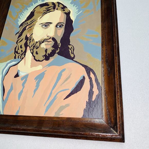 Vtg Jesus Paint By Number Art Completed Real Wood Frame PBN Painting 1958 Good - Picture 2 of 9